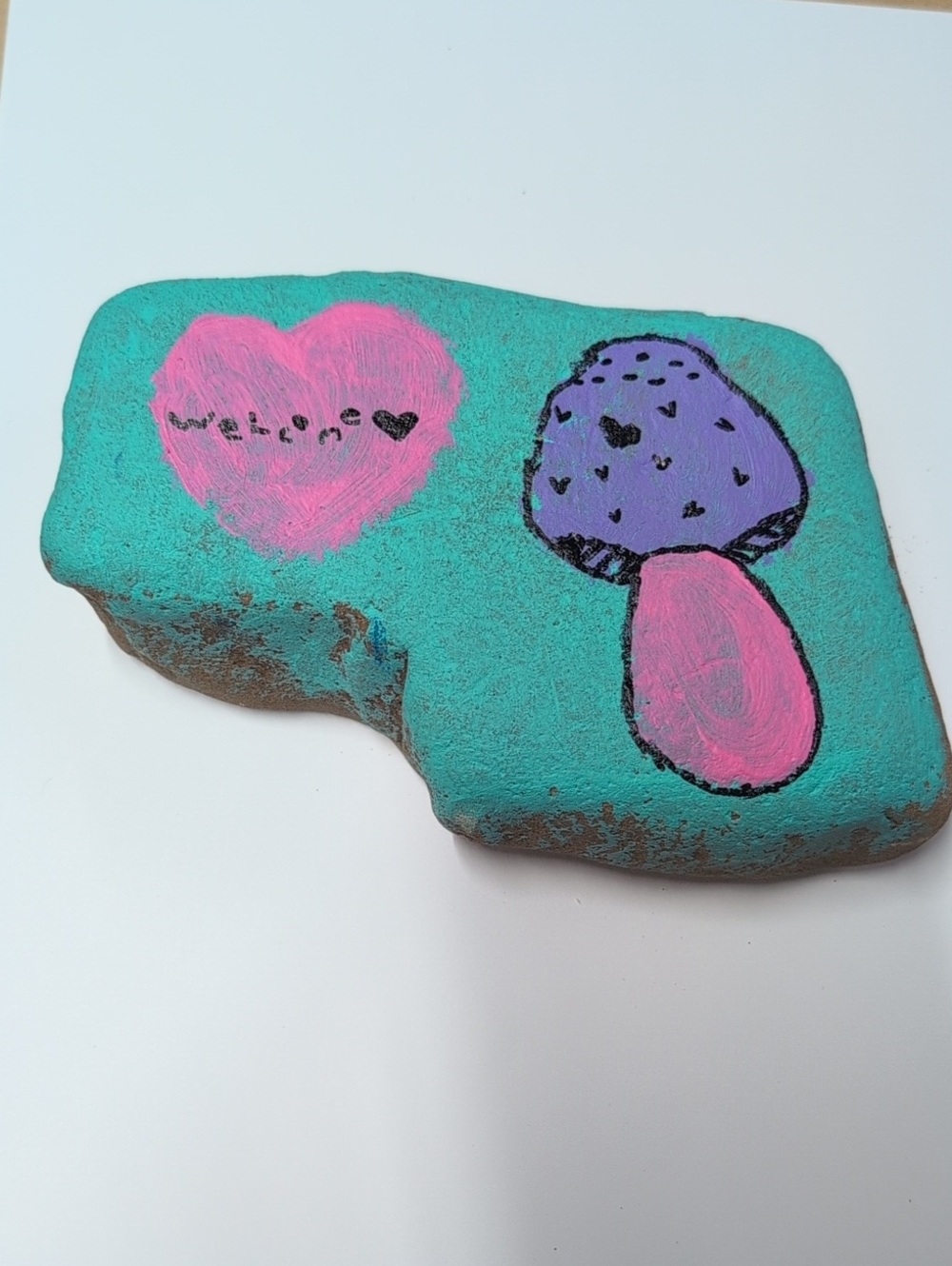 Hand-Painted Turquoise Rock Art with Pink Heart & Purple Mushroom Welcome Stone